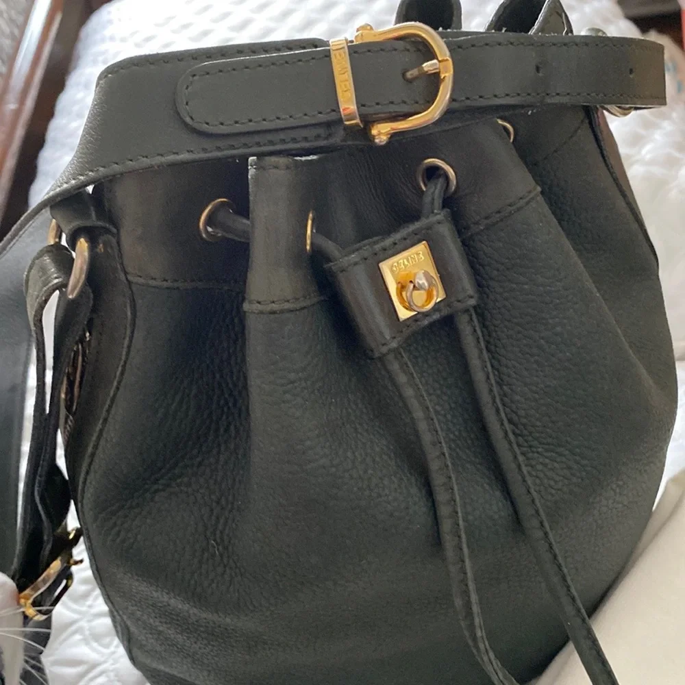 RARE~ Céline ~ Loden Tumbled Calfskin Bucket Bag with Scarlet Calfskin Interior - Picture 2 of 16